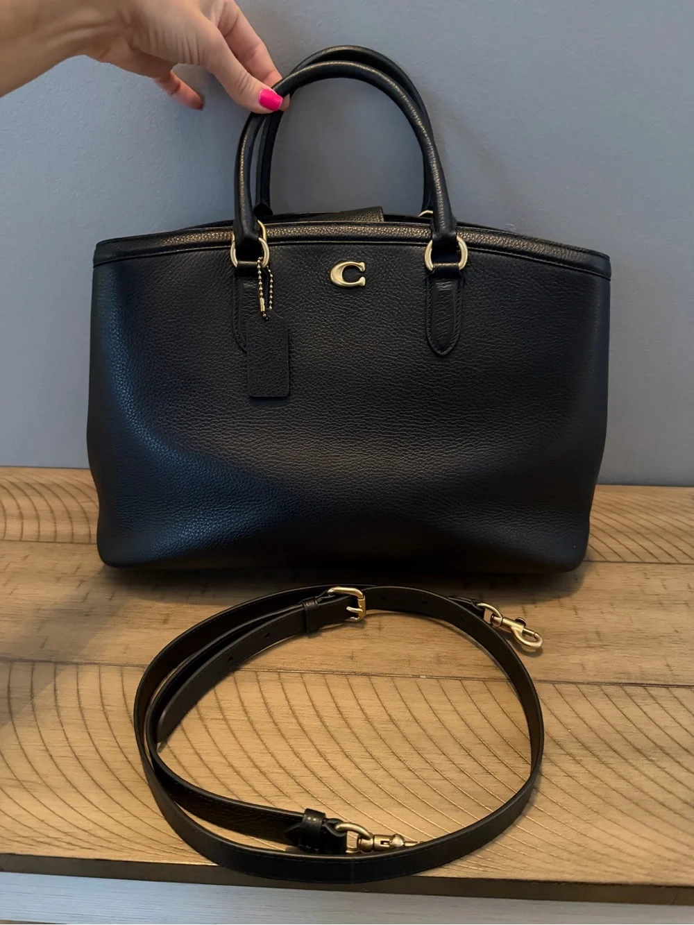 Large Coach Black Pebbled Leather Satchel with Gold Accent